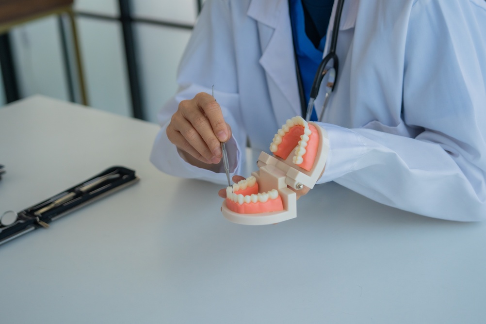 Dentist consulting a patient about crowns and veneers in a modern dental office.